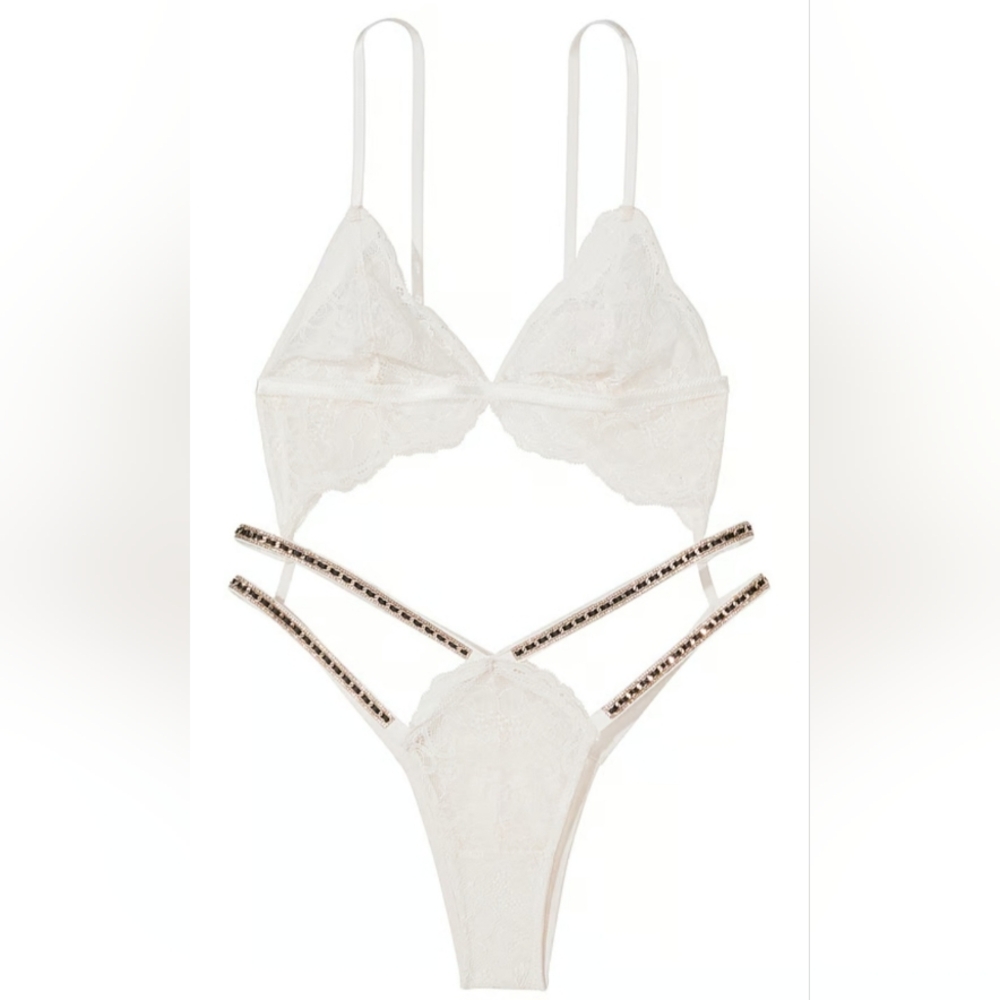 XL Victoria's Secret Double Shine Strap Lace Teddy Coconut White